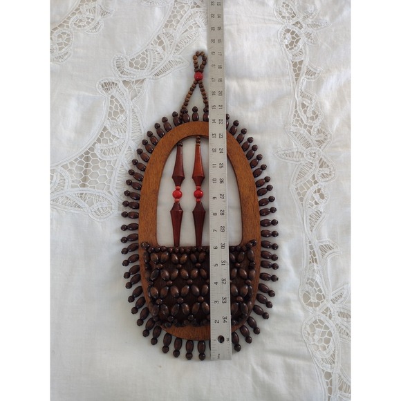VTG Wood Bead Beaded Plant Hanger Hanging Wall Pocket Sconce Boho Tribal 70s - Picture 4 of 8